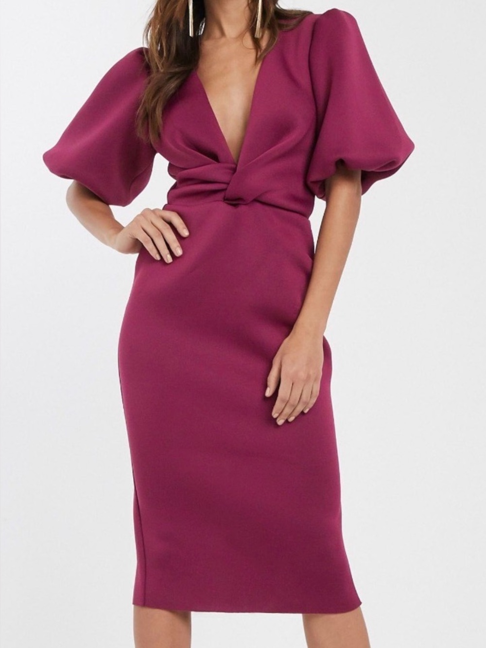 ASOS Berry Pink Plunge Midi Dress with Puff Sleeves